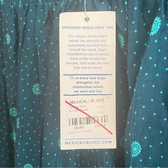 Mexicali Blues Women's Size L/XL Teal Boho Wide Leg Pants Feathers Thailand #565 - Picture 4 of 8